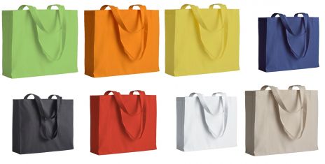 Borsa shopper spesa economica colorata con soffietti manico lungo personalizzabile
